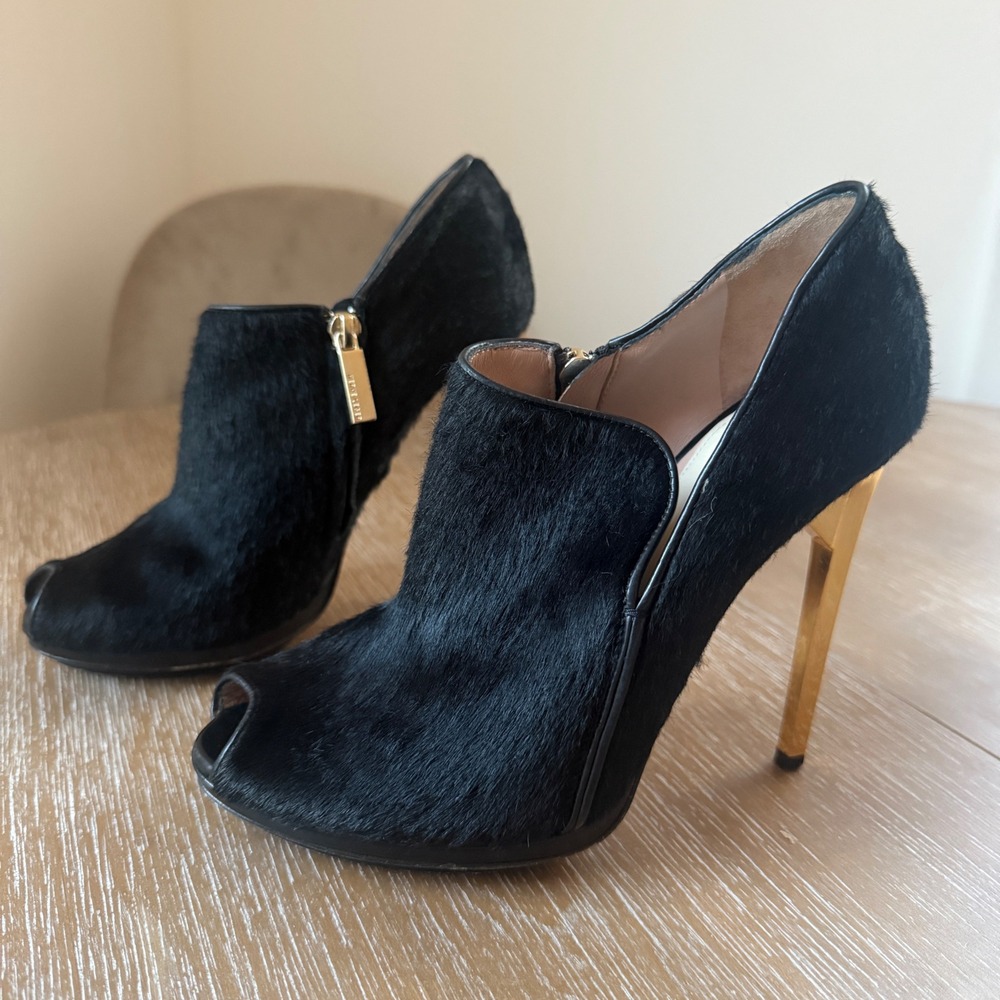 Herve Leger Black Pony Hair Open Toe Ankle Boots Gold Stiletto Heels 6.5 Pumps‎